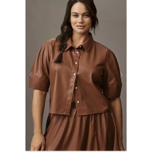 Maeve Tops - Maeve Brown Faux Leather Collared Short Sleeve Button-Up Blouse Women 2X